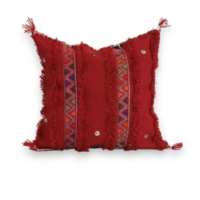 Handmade Moroccan Atlas Mountain wool pillow cover in deep red, traditional Berber tribal pattern, Khenifra region, 12x12 inches