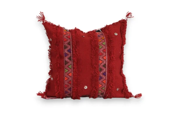 Handmade Moroccan Atlas Mountain wool pillow cover in deep red, traditional Berber tribal pattern, Khenifra region, 12x12 inches
