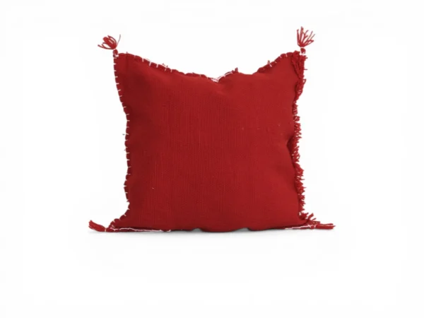 Back view of handmade Moroccan Atlas Mountain wool pillow cover, plain deep red natural wool, hidden zipper closure, Khenifra Morocco