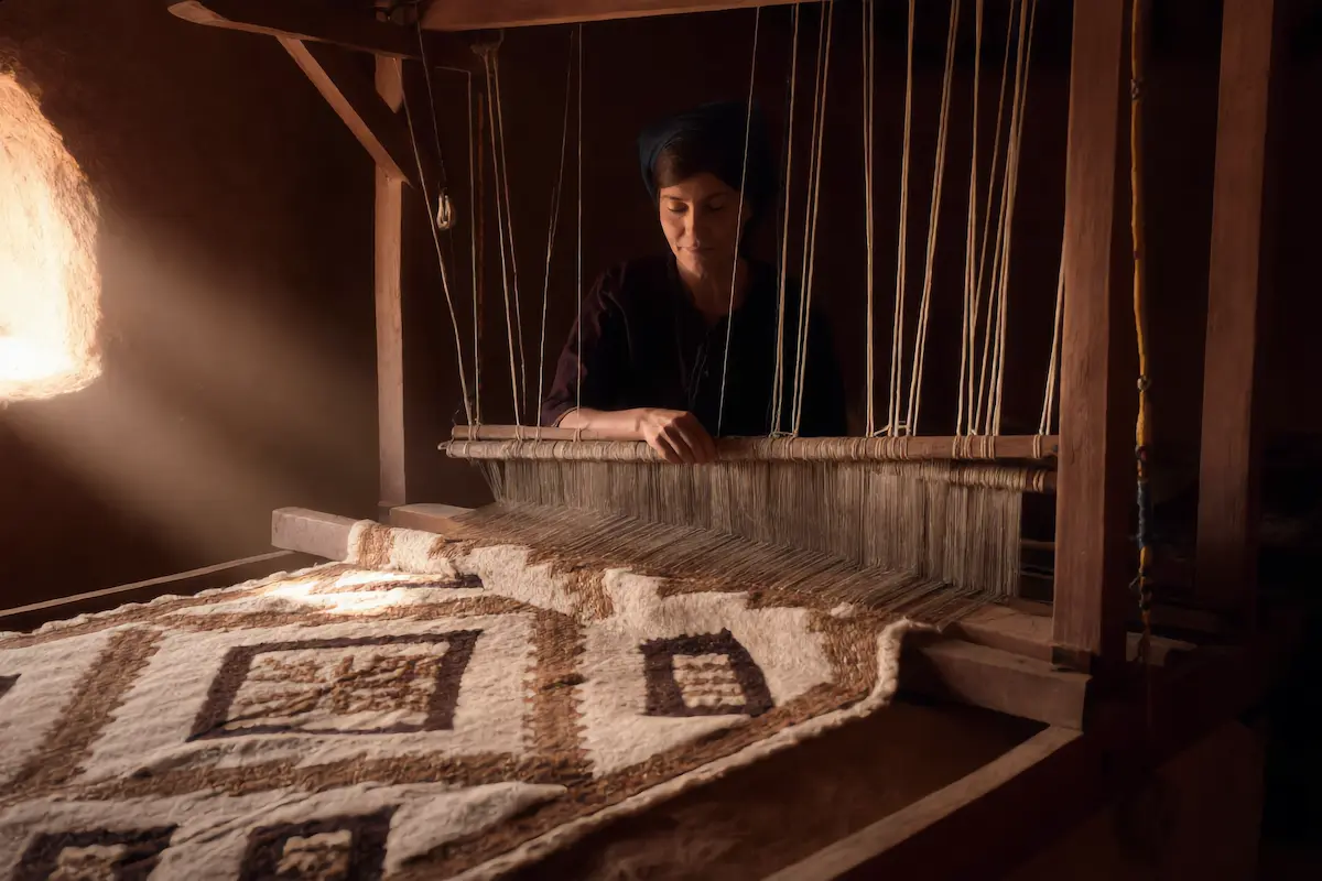 Berber woman hand-knotting a Beni Ourain rug on a traditional vertical wooden loom inside a mountain home in the Middle Atlas Morocco