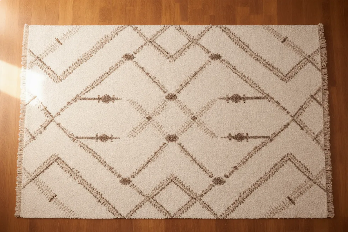 Authentic Beni Ourain rug overhead flat-lay showing ivory cream wool ground with dark brown hand-knotted diamond motifs on a wooden floor