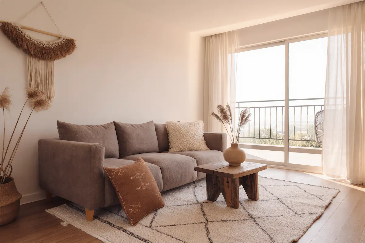 Minimalist Japandi living room with an authentic Beni Ourain rug as centerpiece, low wooden coffee table, linen sofa and warm afternoon sunlight