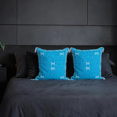 Azure Blue Moroccan Sabra Silk Pillow Cover – Tazenakht Stars | 19×18 | Handwoven