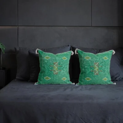 Emerald Green Moroccan Sabra Silk Pillow Cover – Tazenakht Sun Medallion | 20×20 | Handwoven