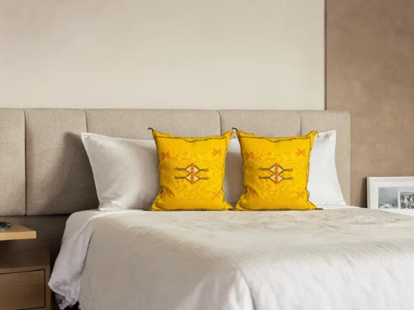 Saffron Yellow Moroccan Sabra Silk Pillow Cover – Tazenakht Sun Medallion | 18×18 in