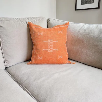 Sunset Orange Moroccan Sabra Silk Pillow Cover – Tazenakht Sun Medallion | 19×18 | Handwoven