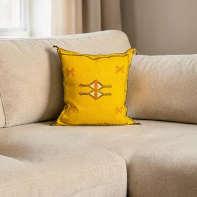 Saffron Yellow Moroccan Sabra Silk Pillow Cover – Tazenakht Sun Medallion | 18×18 in