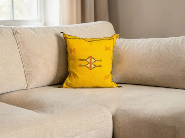 Saffron Yellow Moroccan Sabra Silk Pillow Cover – Tazenakht Sun Medallion | 18×18 in