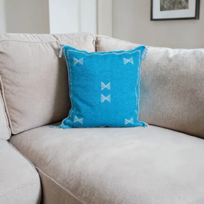Azure Blue Moroccan Sabra Silk Pillow Cover – Tazenakht Stars | 19×18 | Handwoven