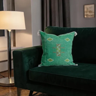 Emerald Green Moroccan Sabra Silk Pillow Cover – Tazenakht Sun Medallion | 20×20 | Handwoven
