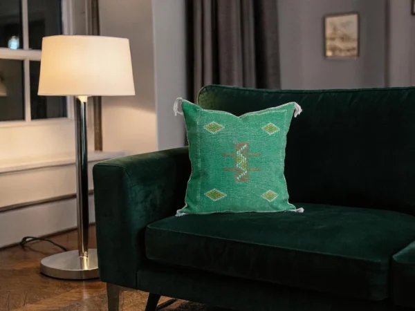 Emerald Green Moroccan Sabra Silk Pillow Cover – Tazenakht Sun Medallion | 20×20 | Handwoven