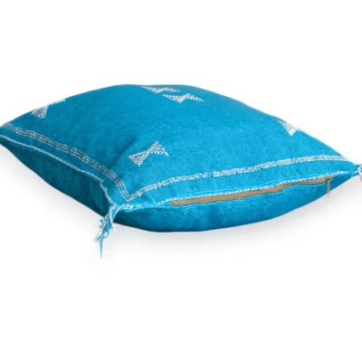 Azure Blue Moroccan Sabra Silk Pillow Cover – Tazenakht Stars | 19×18 | Handwoven