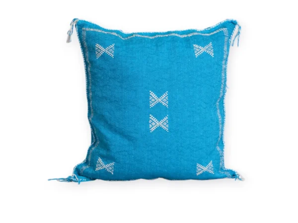 Azure Blue Moroccan Sabra Silk Pillow Cover – Tazenakht Stars | 19×18 | Handwoven