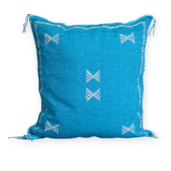 Handwoven azure blue Moroccan sabra silk pillow cover 19×18 with ivory tazenakht stars – Tigemi cactus silk