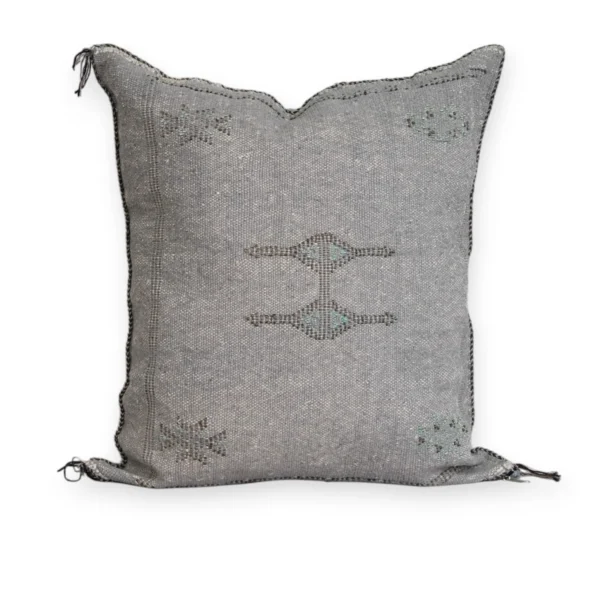 Grey Moroccan sabra silk pillow cover 20×18 with hand-stitched berber diamond motifs