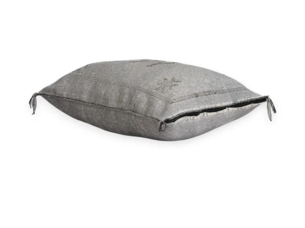 Side angle of handwoven grey Moroccan sabra silk cushion cover 20×18