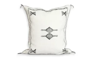 White Moroccan Sabra cactus silk pillow cover 18×16 in with black Berber motifs