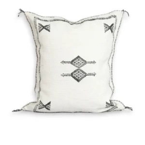 White Moroccan Sabra cactus silk pillow cover 18×16 in with black Berber motifs