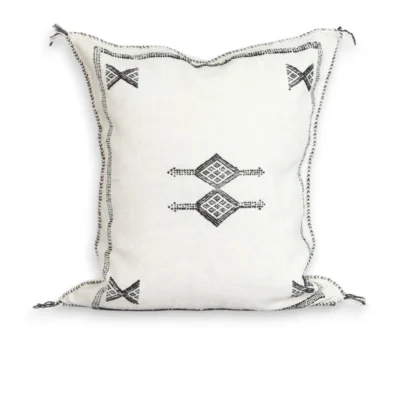 White Moroccan Sabra cactus silk pillow cover 18×16 in with black Berber motifs