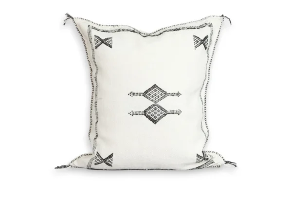 White Moroccan Sabra cactus silk pillow cover 18×16 in with black Berber motifs