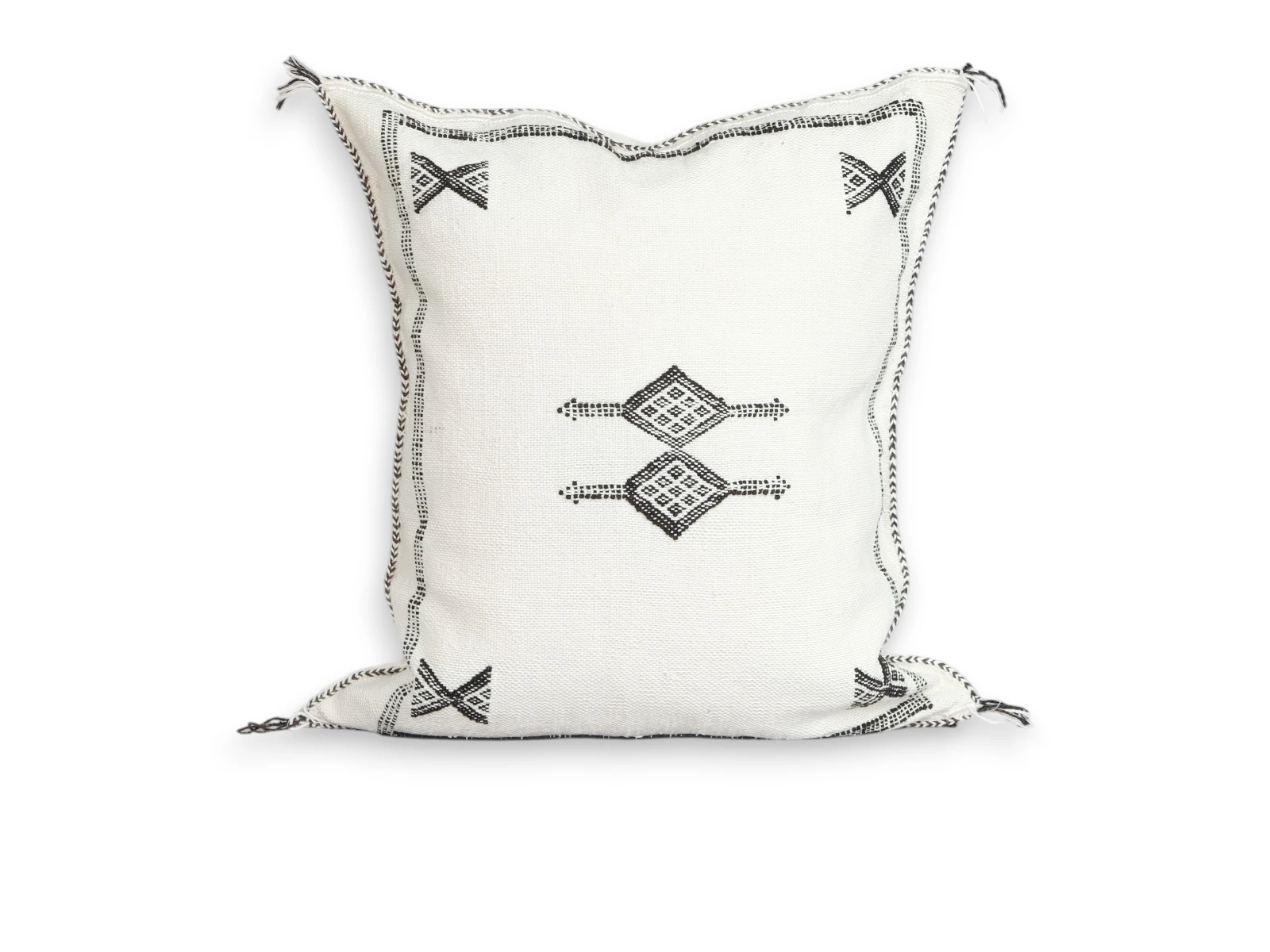 White Moroccan Sabra cactus silk pillow cover 18×16 in with black Berber motifs