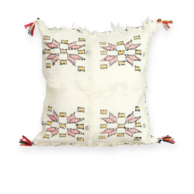 Handmade ivory Moroccan wool pillow with Berber motifs