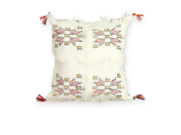 Handmade ivory Moroccan wool pillow with Berber motifs