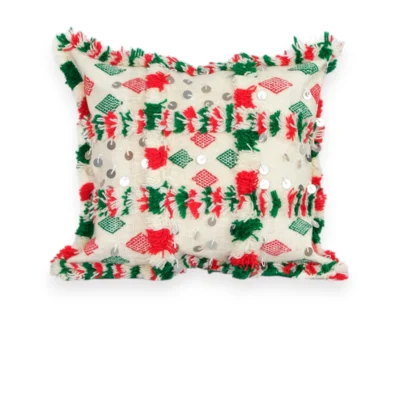 Khenifra Berber pillow with red and green diamond motifs and silver sequins on ivory wool