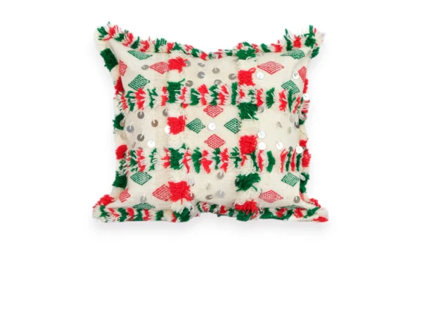 Khenifra Berber pillow with red and green diamond motifs and silver sequins on ivory wool