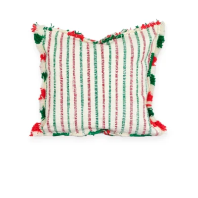 Back side of Khenifra pillow with red and green flat-woven Berber stripes