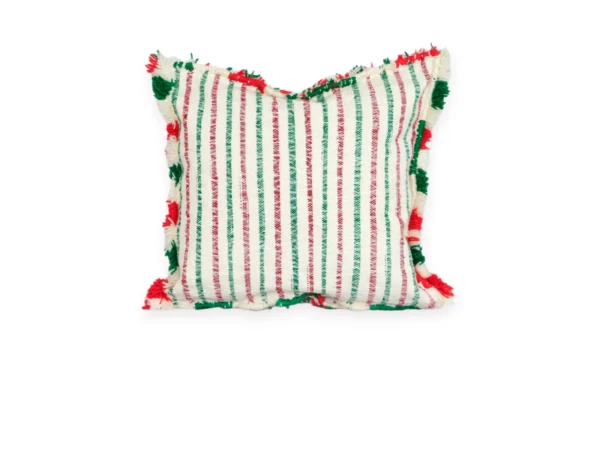 Back side of Khenifra pillow with red and green flat-woven Berber stripes