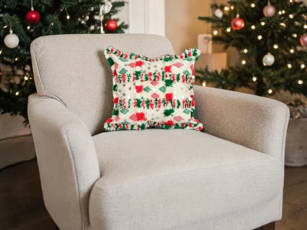 Khenifra pillow styled on a neutral armchair in a cozy living room setting