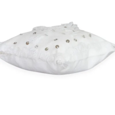 Moroccan Atlas white wool Handira pillow angled perspective side view 12x12 in