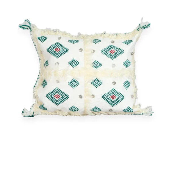 Hand-loomed emerald diamond Khenifra Handira wool pillow 12×12 with green Berber diamonds, crimson hearts and silver mdebja sequins – Tigemi