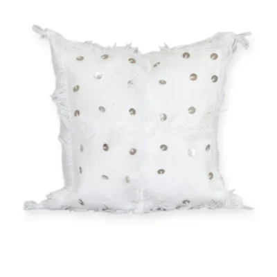 White Moroccan Handira wool pillow silver sequins front view Khenifra bridal