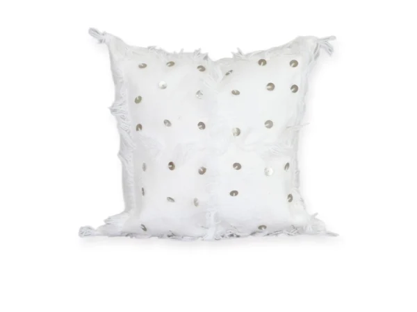 White Moroccan Handira wool pillow silver sequins front view Khenifra bridal