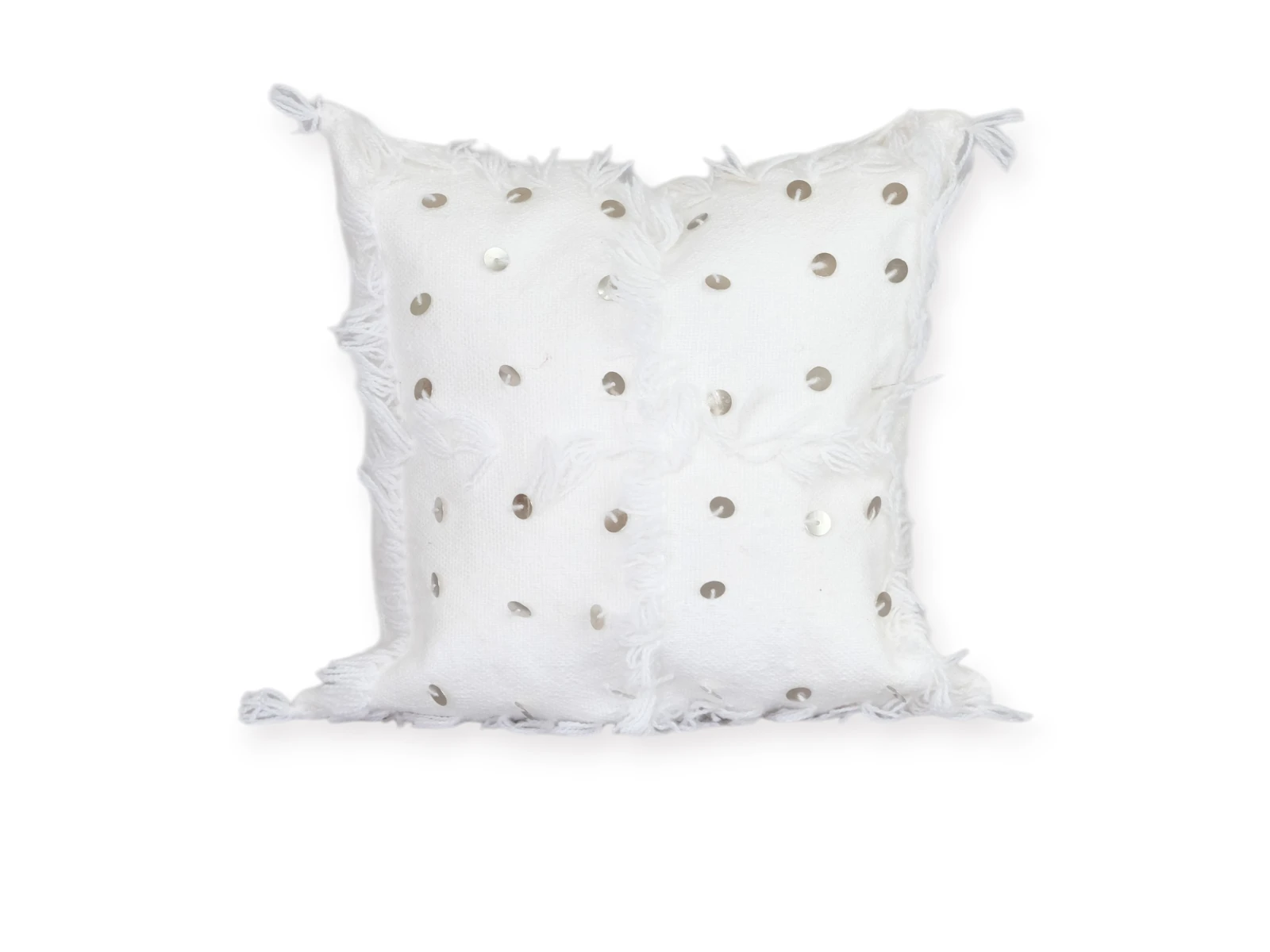 White Moroccan Handira wool pillow silver sequins front view Khenifra bridal