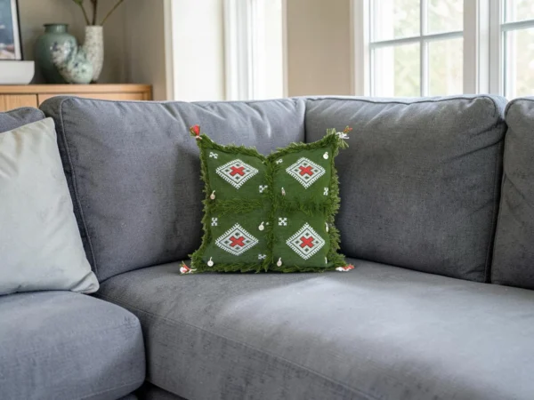 Green Moroccan Berber wool pillow on grey sofa in modern Scandinavian living room interior with soft natural lighting