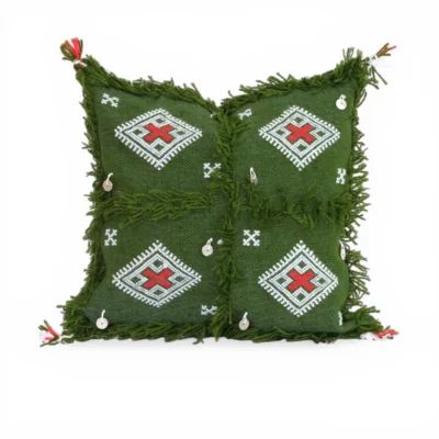 Olive green Moroccan throw pillow cover 12x12 handwoven Berber wool with red cross motifs and silver tribal charms from Khenifra Atlas Mountains