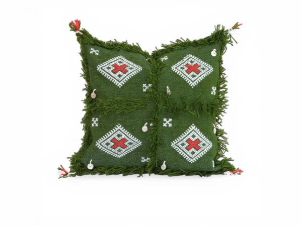 Olive green Moroccan throw pillow cover 12x12 handwoven Berber wool with red cross motifs and silver tribal charms from Khenifra Atlas Mountains