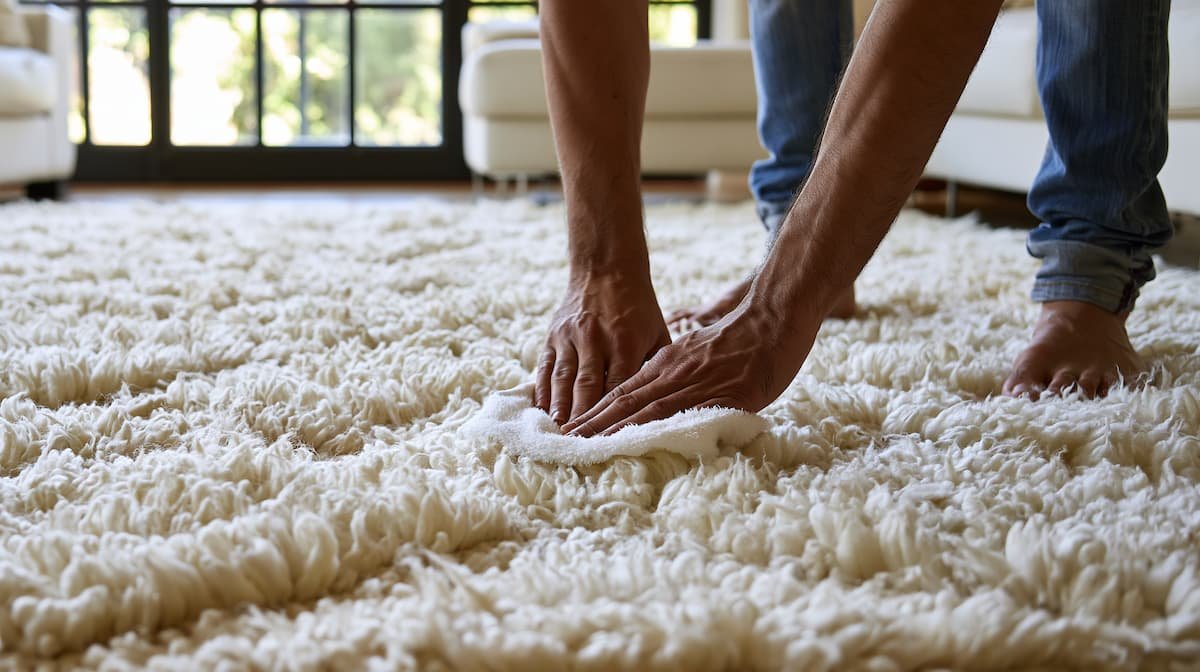 Close-up of hands gently blotting a spill on an ivory Moroccan rug with a clean white cloth