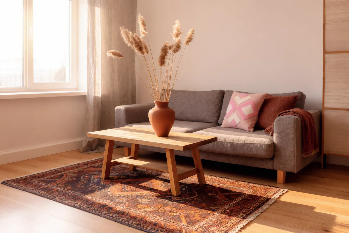 Azilal Moroccan rug styled in a warm minimal living room interior with natural light