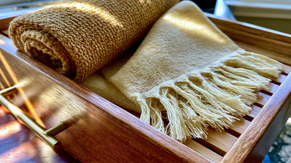 Moroccan wool rug rolled and wrapped in breathable cotton cloth for proper storage