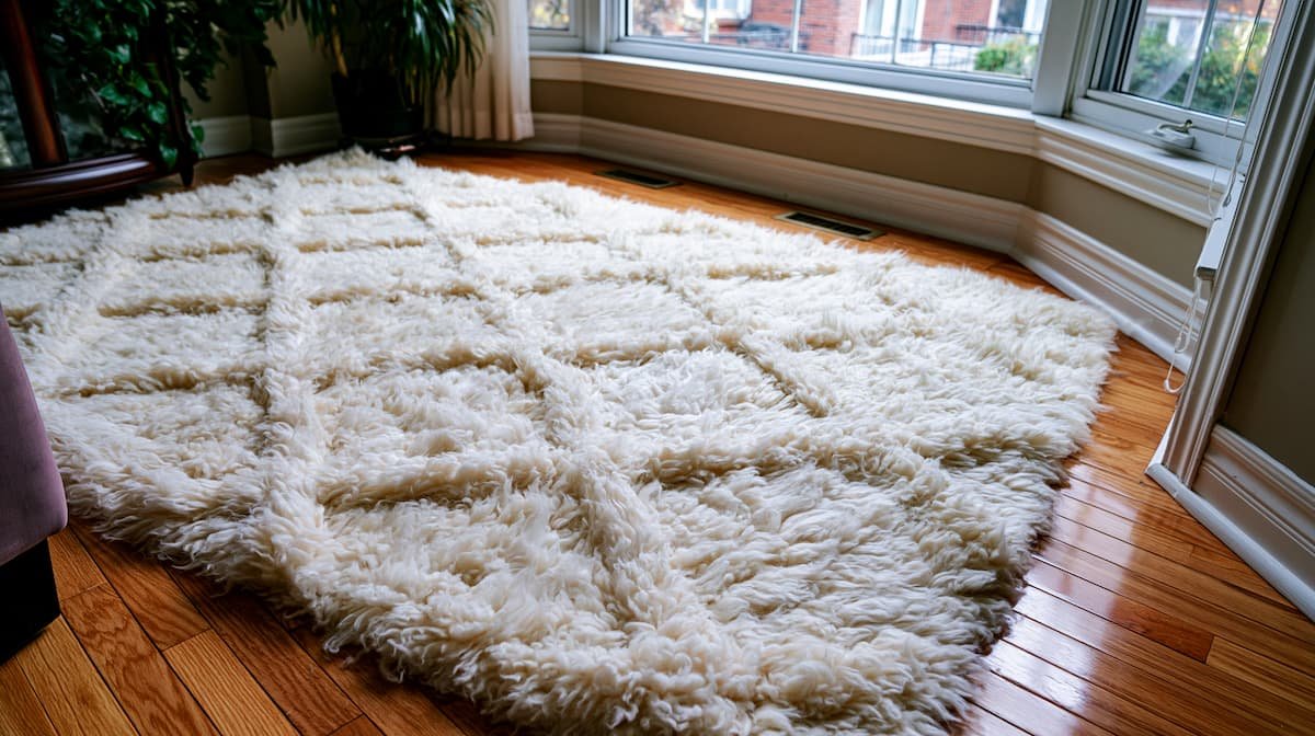 Flat-lay overhead view of an authentic Moroccan Beni Ourain rug on a wooden floor showing proper care and maintenance