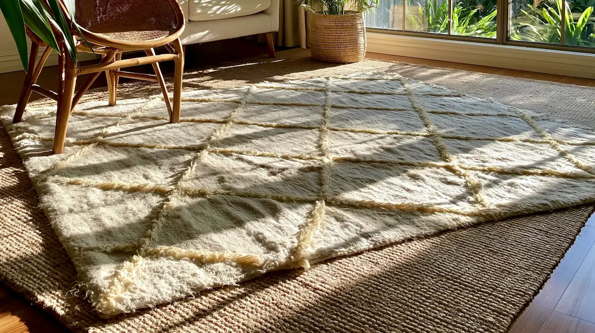 How to layer Moroccan rugs — kilim over jute Vintage Moroccan kilim layered over a jute base rug on natural wood floor — rug layering technique