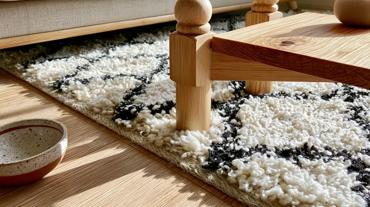 Beni Ourain rug paired with natural oak and ceramic Close detail of Beni Ourain rug meeting natural oak table leg and handmade ceramic — texture pairing