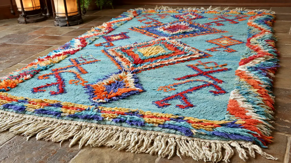 Lighting a Moroccan rug with warm floor lamps Moroccan rug lit by warm 2700K floor lamps in the evening — wool pile catching side light