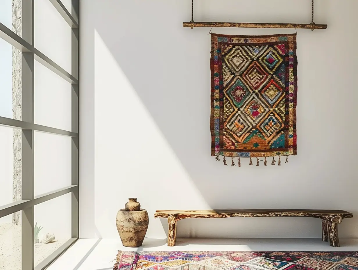 Boucherouite Moroccan rug styled as wall art Small Boucherouite Moroccan rug hung on white wall with wooden rod — textile as wall art