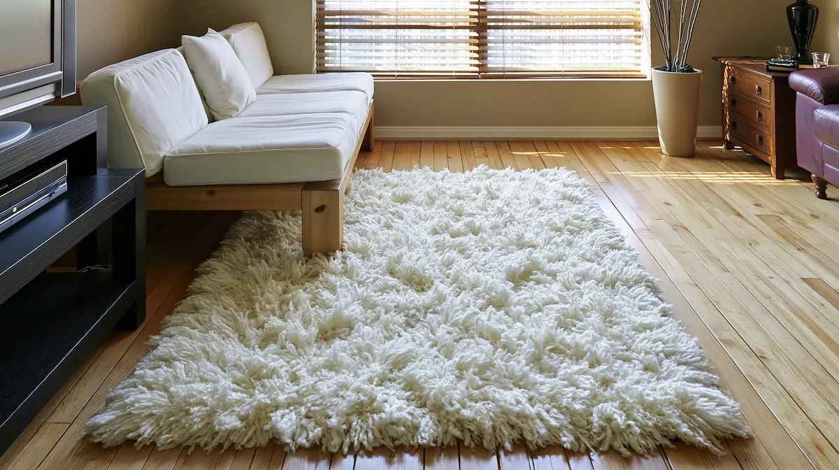 Correct Moroccan rug sizing — sofa legs on rug Overhead view of Moroccan rug correctly sized under a sofa — front legs resting on wool pile
