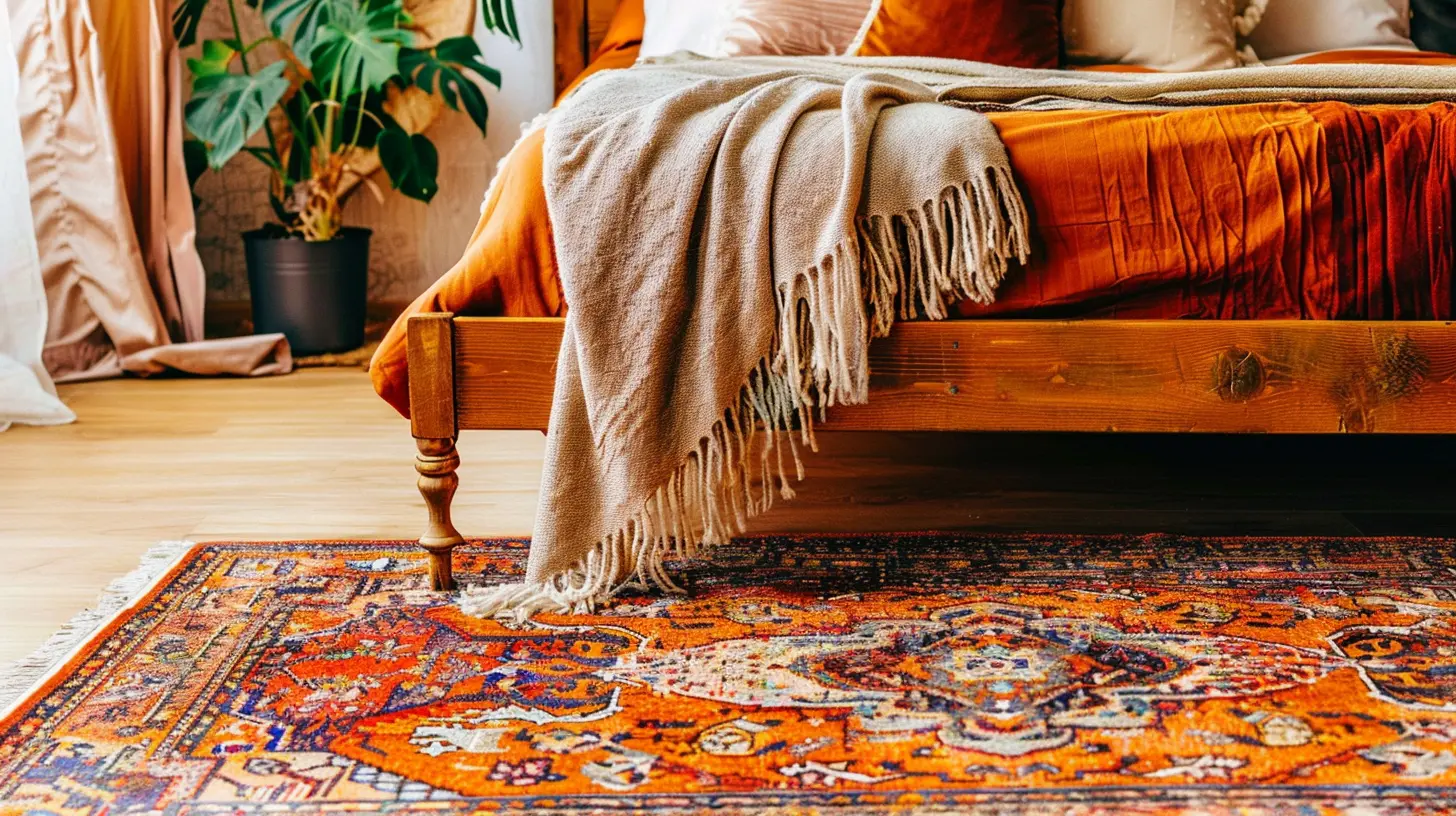 Vintage Moroccan rug in a minimal modern bedroom Vintage Moroccan rug under a low wooden bed frame in minimal bedroom — morning light on wool